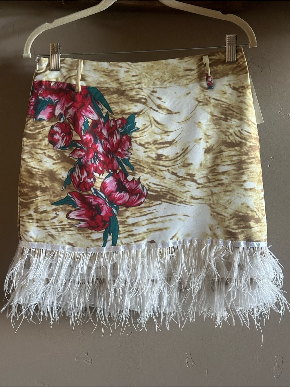 Floral Feather Trim Mini Skirt - White, Gold & Pink